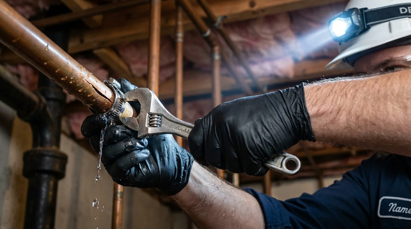 Emergency pipe clamp repair being performed by a Johns Plumbing LLC plumber in Arcadia