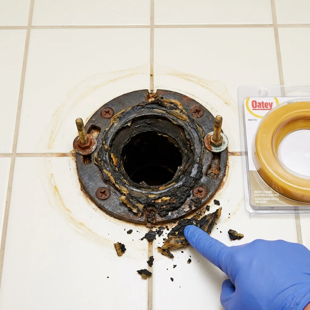 Failed wax ring showing water seepage at the base of a toilet in a Arcadia, SC home